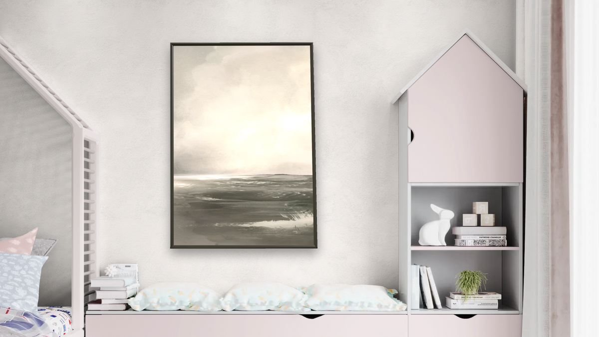 After The Storm 2 by Dan Hobday, shown at 28 × 42 in (71.1 × 106.7 cm) on canvas in Ramino Satin Black, bedroom