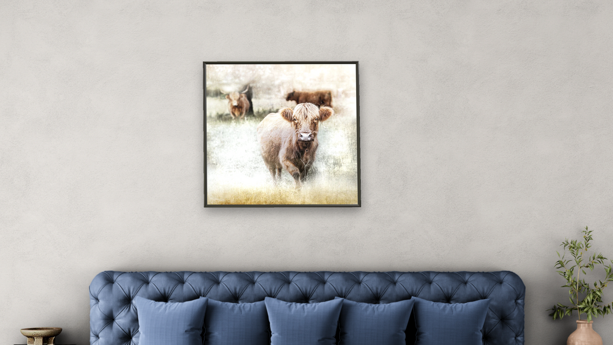 New Friend by Brandon Luther, shown at 32 × 32 in (81.3 × 81.3 cm) on canvas in Ramino Satin Black, bedroom
