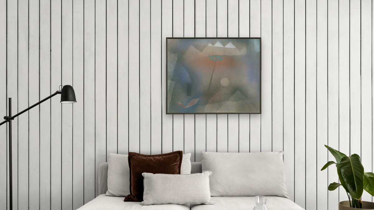 Bird Wandering Off by Paul Klee, shown at 32 × 40 in (81.3 × 101.6 cm) on canvas in Ramino Satin Black, living