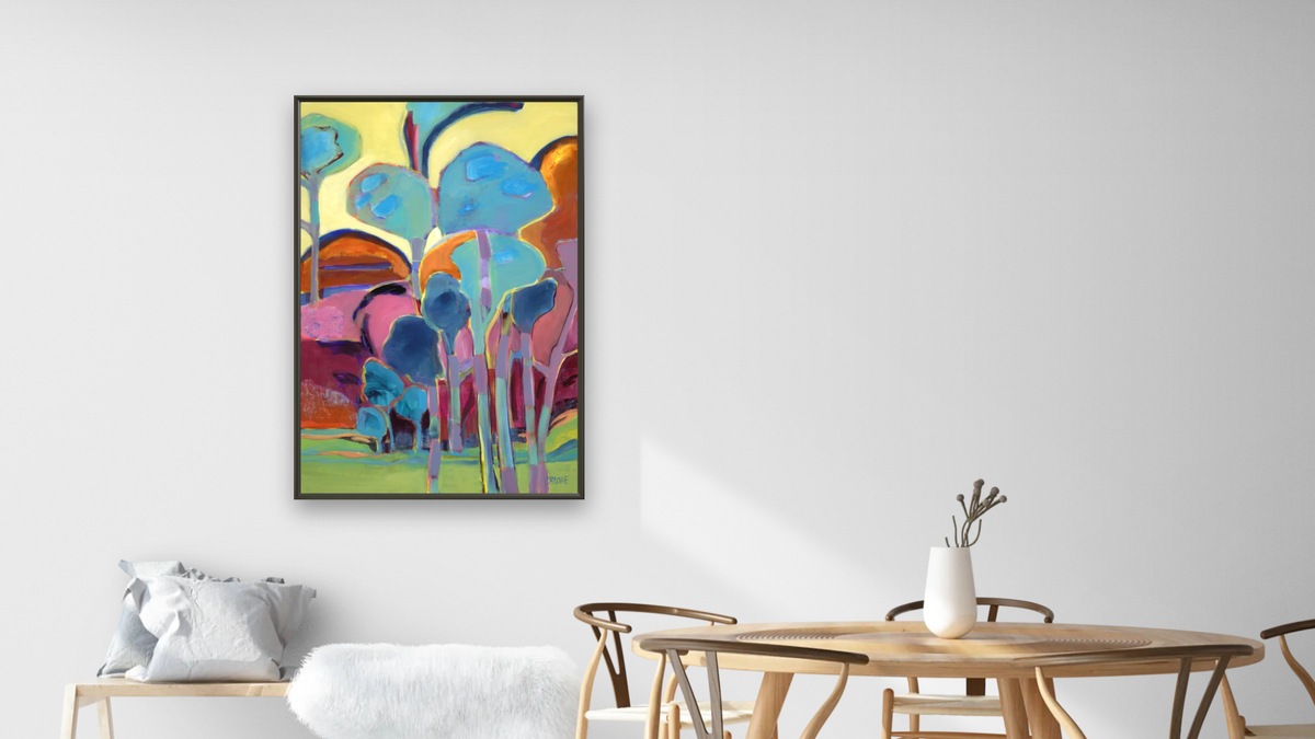 Arboretum by Diane Boone, shown at 28 × 42 in (71.1 × 106.7 cm) on canvas in Ramino Satin Black, dining