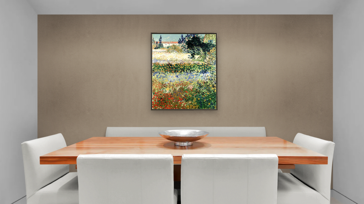 Garden in Bloom, Arles by Vincent van Gogh, shown at 32 × 40 in (81.3 × 101.6 cm) on canvas in Ramino Satin Black, dining