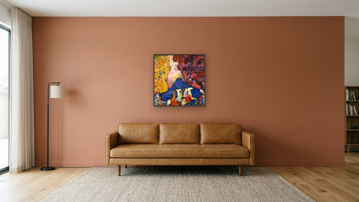 Blue Mountain (Der blaue Berg), shown at 32 × 32 in (81.3 × 81.3 cm) on canvas in Ramino Satin Black, media room