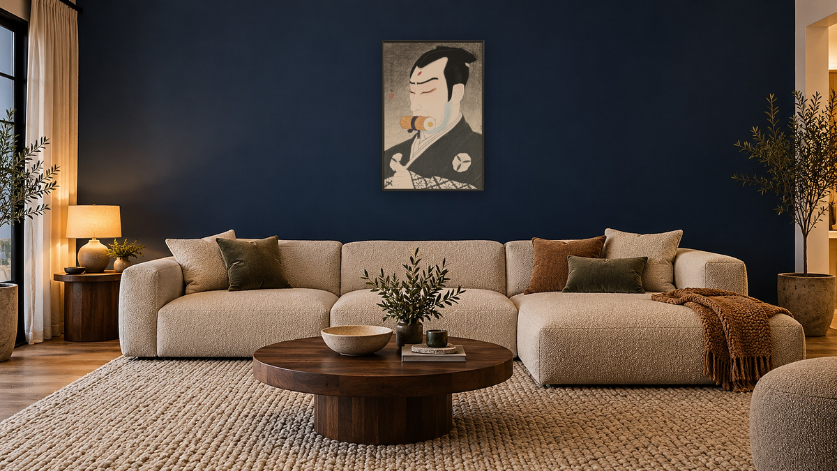 Sawamura Gennosuke as Niki by Natori Shunsen, shown at 28 × 42 in (71.1 × 106.7 cm) on canvas in Ramino Satin Black, media room