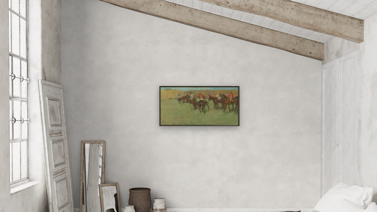 At the Races: Before the Start by Edgar Degas, shown at 20 × 40 in (50.8 × 101.6 cm) on canvas in Ramino Satin Black, bedroom