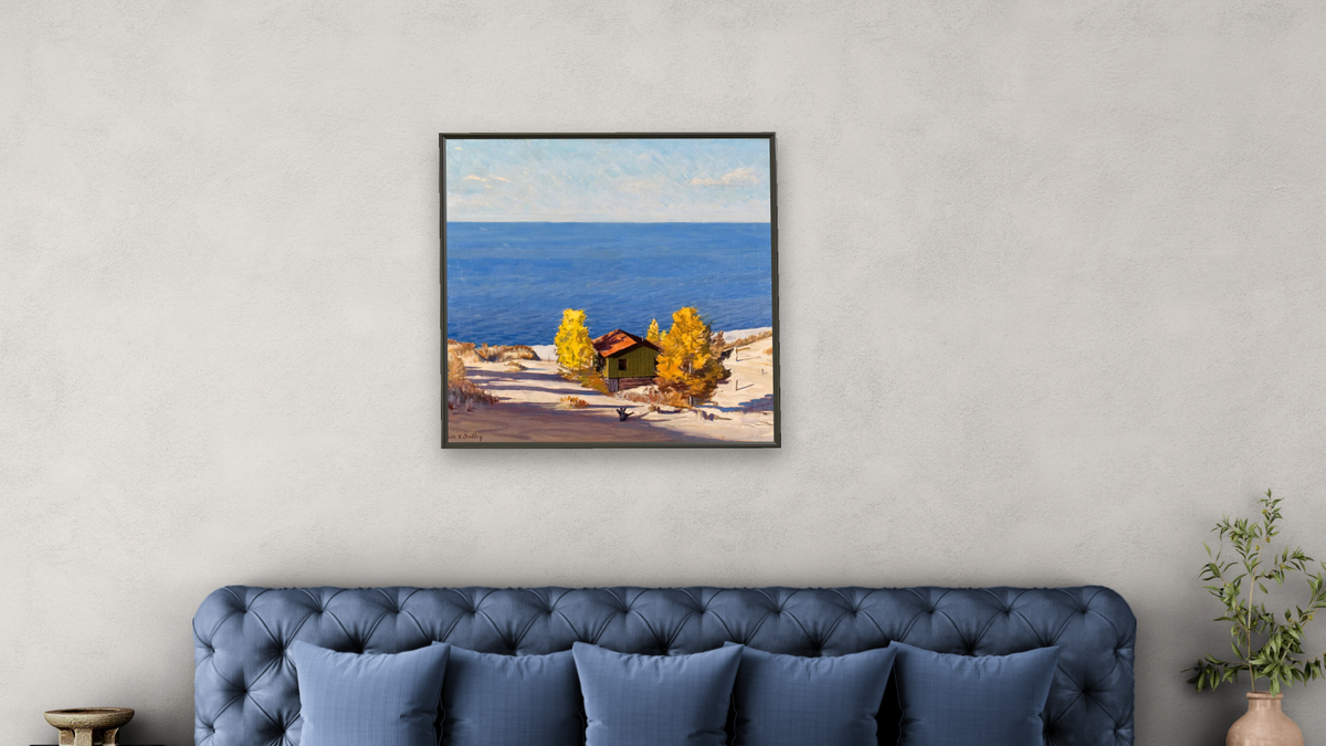 A Sunny Autumn Day by Frank V. Dudley, shown at 32 × 32 in (81.3 × 81.3 cm) on canvas in Ramino Satin Black, bedroom