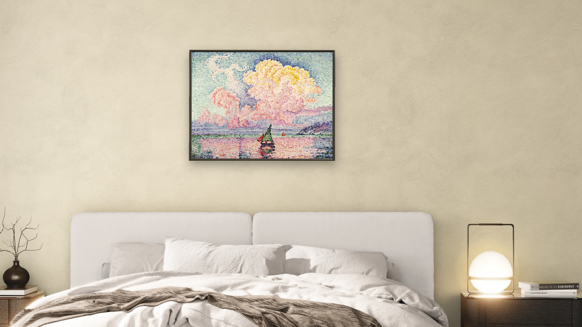 Pink Clouds, Antibes by Paul Signac, shown at 32 × 40 in (81.3 × 101.6 cm) on canvas in Ramino Satin Black, bedroom
