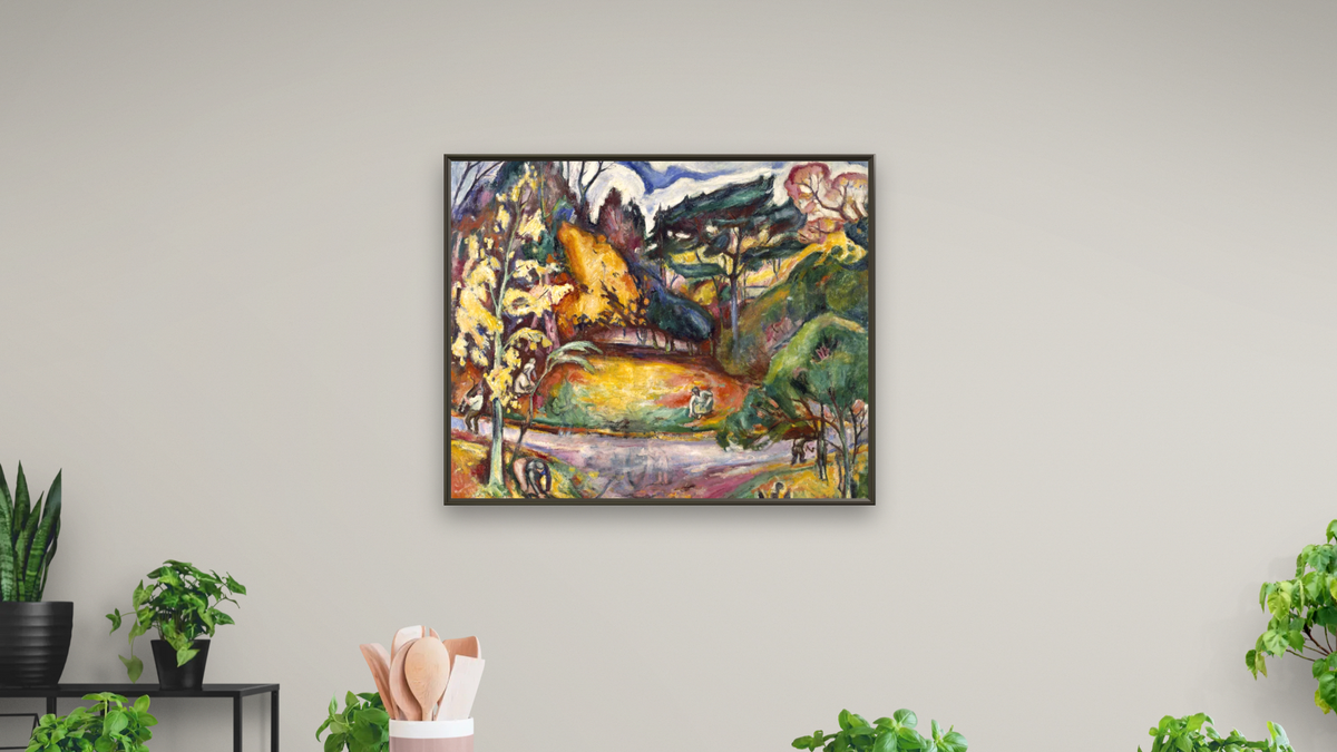 Autumn Landscape, La Côte de Grâce by Othon Friesz, shown at 32 × 40 in (81.3 × 101.6 cm) on canvas in Ramino Satin Black, dining