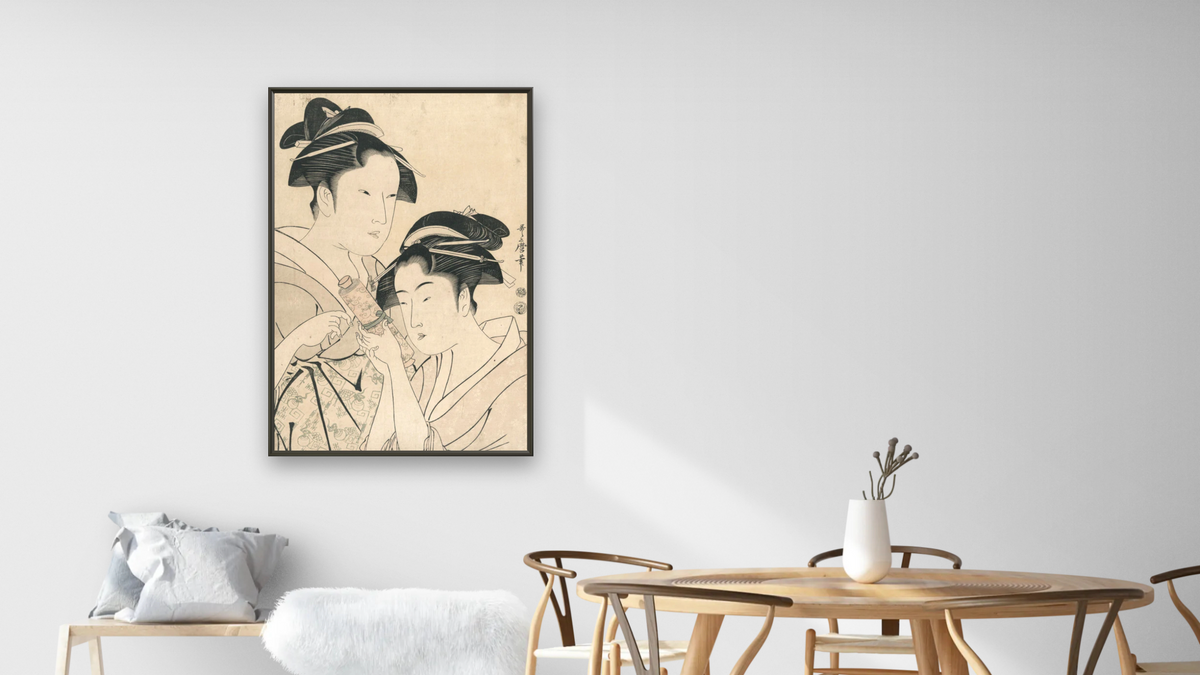 Osen of Kagiya and Ohisa of Takashima by Kitagawa Utamaro, shown at 28 × 42 in (71.1 × 106.7 cm) on canvas in Ramino Satin Black, dining