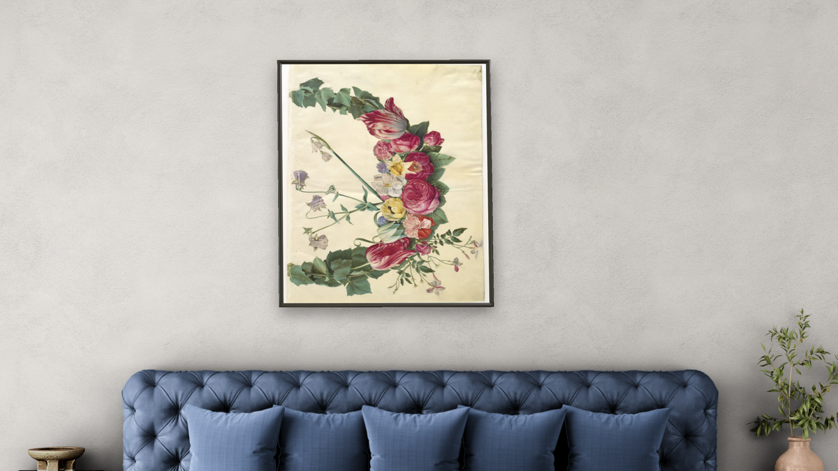Floral vine by Johannes Simon Holtzbecher, shown at 32 × 40 in (81.3 × 101.6 cm) on canvas in Ramino Satin Black, bedroom