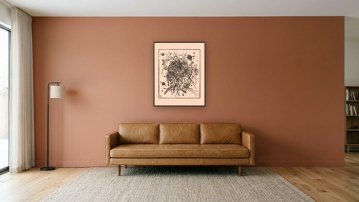 Kleine Welten VIII (Small Worlds VIII), from the portfolio Kleinen Welten (Small Worlds) by Wassily Kandinsky, shown at 32 × 40 in (81.3 × 101.6 cm) on canvas in Ramino Satin Black, media room