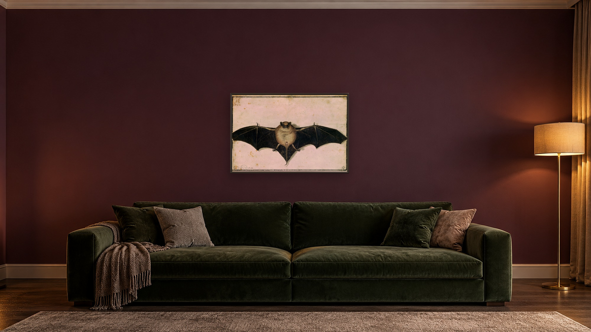 Bat by Albrecht Dürer, shown at 28 × 42 in (71.1 × 106.7 cm) on canvas in Ramino Satin Black, den