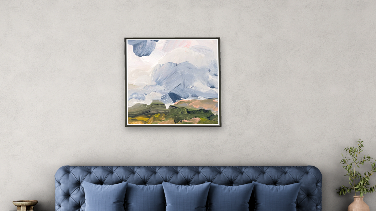 Snack 18 by Nino Yuniardi, shown at 32 × 32 in (81.3 × 81.3 cm) on canvas in Ramino Satin Black, bedroom