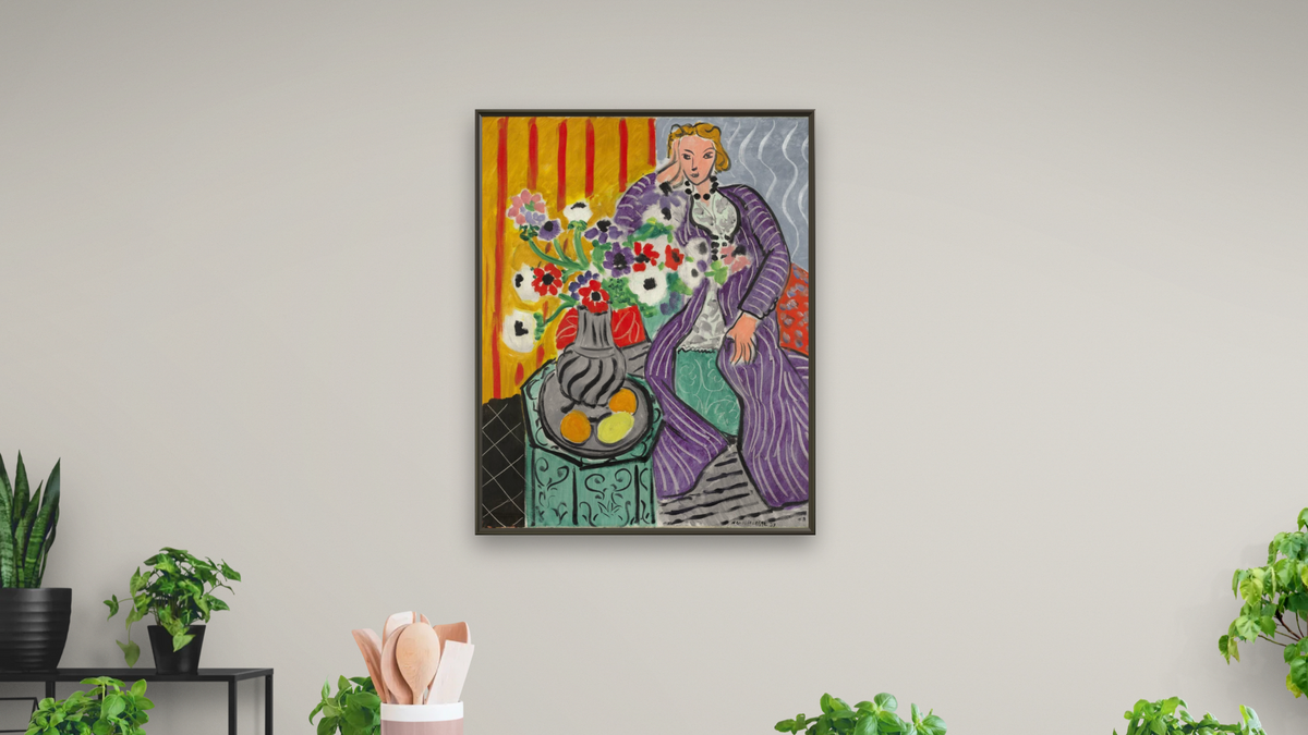 Purple Robe and Anemones by Henri Matisse, shown at 32 × 40 in (81.3 × 101.6 cm) on canvas in Ramino Satin Black, dining