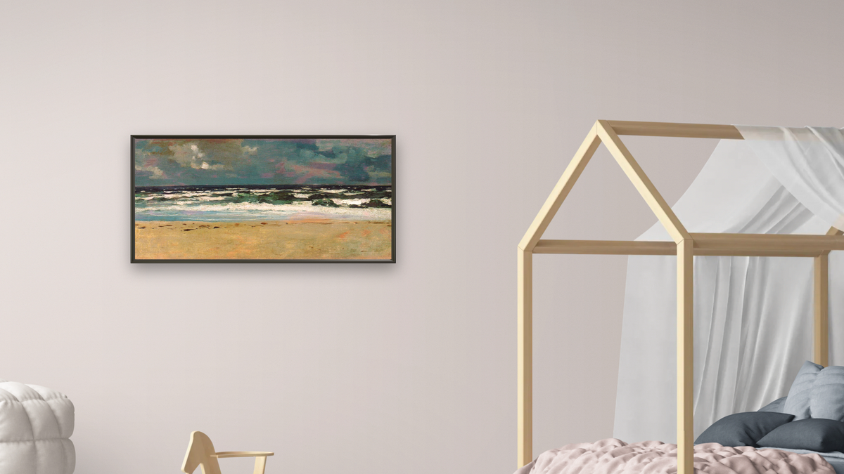 Sandy Beach with Breakers by Winslow Homer, shown at 20 × 40 in (50.8 × 101.6 cm) on canvas in Ramino Satin Black, bedroom
