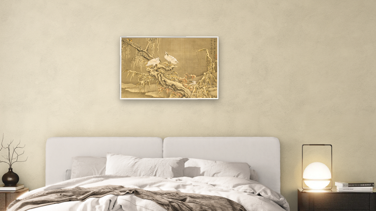 Album of Birds and Animals (Wintry Storks) by Shen Nanpin, shown at 28 × 42 in (71.1 × 106.7 cm) on canvas in Ramino Satin Black, bedroom