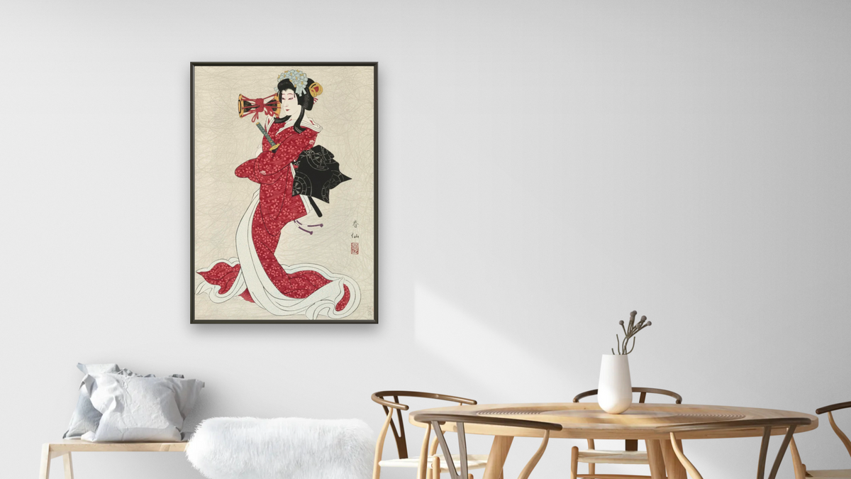 Banto Shucho as Shizuka by Natori Shunsen, shown at 28 × 42 in (71.1 × 106.7 cm) on canvas in Ramino Satin Black, dining