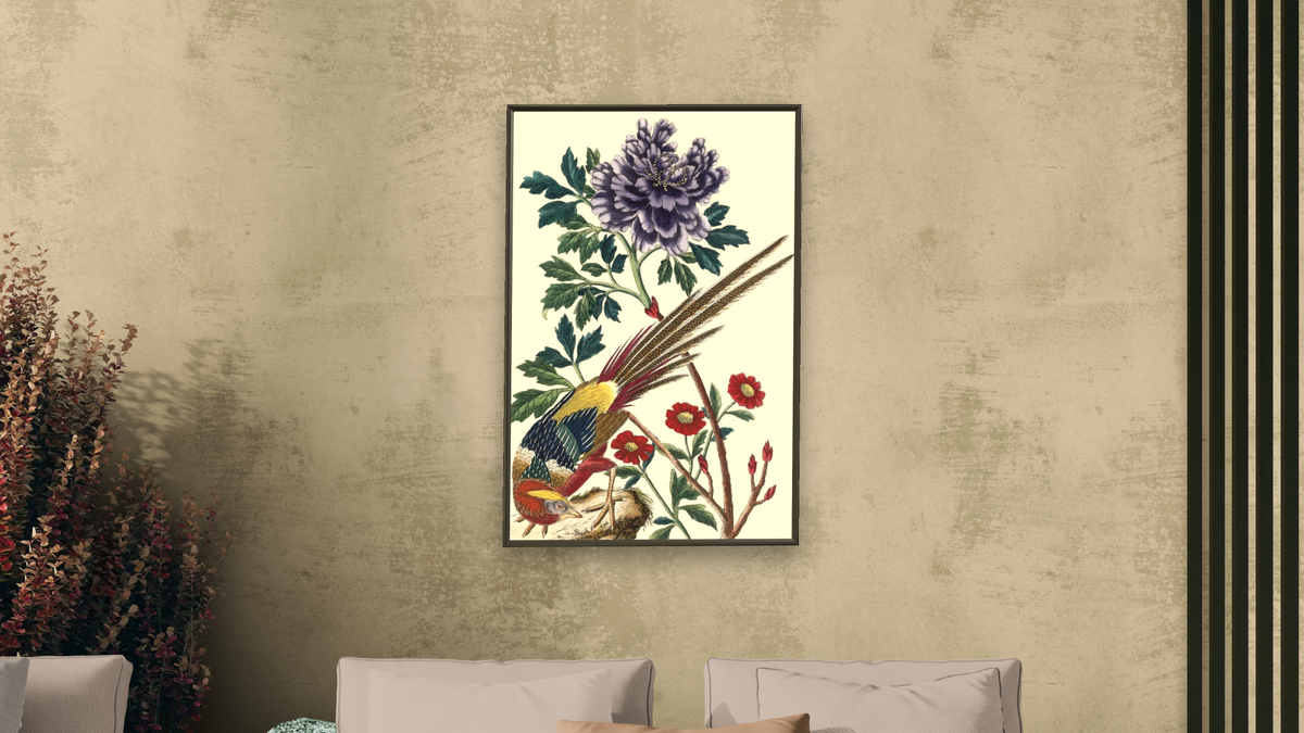 Purple peony with Chinese pheasant by Pierre Joseph Buchoz, shown at 28 × 42 in (71.1 × 106.7 cm) on canvas in Ramino Satin Black, living