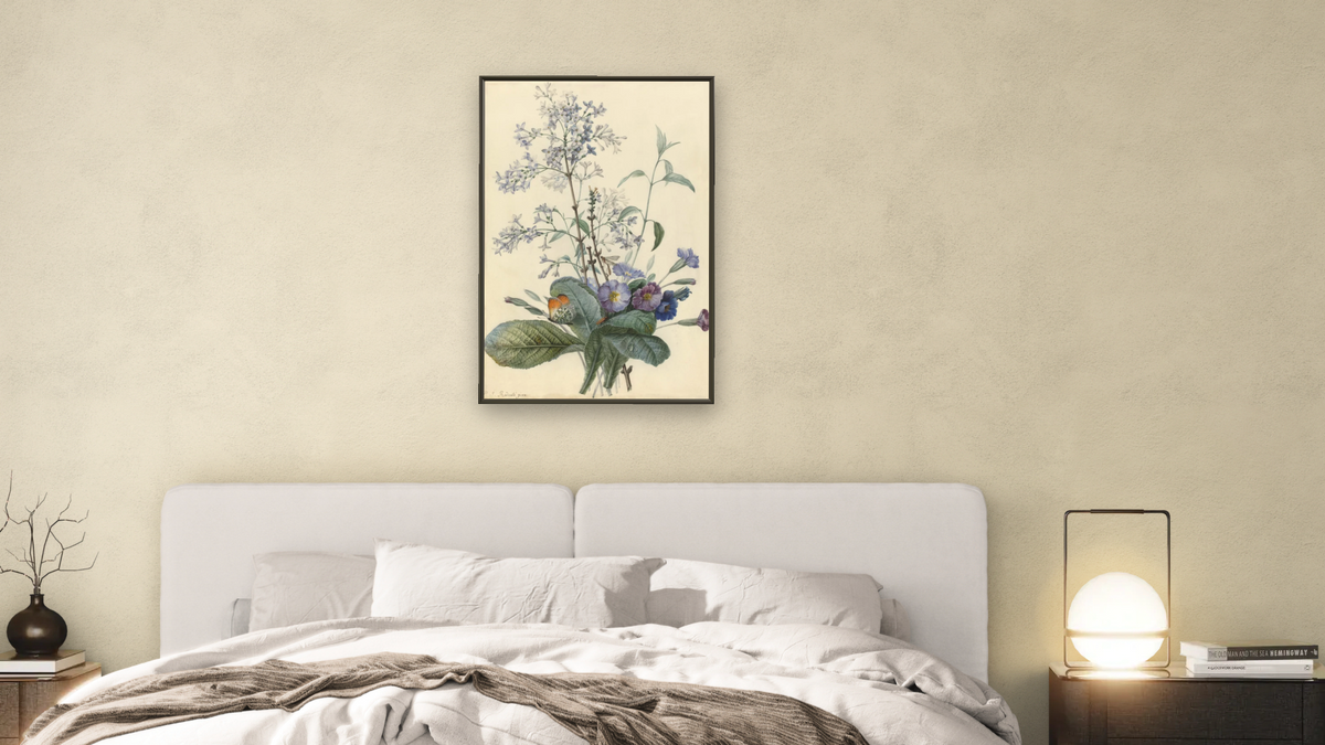 A Bouquet of Flowers with Insects by Pierre Joseph Redouté, shown at 28 × 42 in (71.1 × 106.7 cm) on canvas in Ramino Satin Black, bedroom