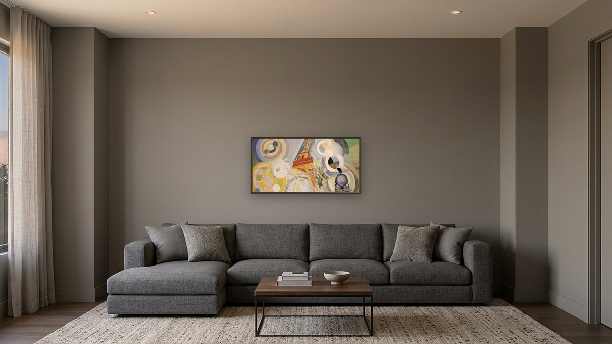 Air, Fire and Water by Robert Delaunay, shown at 20 × 40 in (50.8 × 101.6 cm) on canvas in Ramino Satin Black, media room