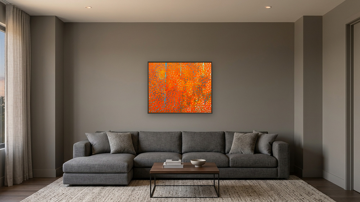 Autumn Leaves Fluttering in the Breeze by Alma Thomas, shown at 32 × 40 in (81.3 × 101.6 cm) on canvas in Ramino Satin Black, media room