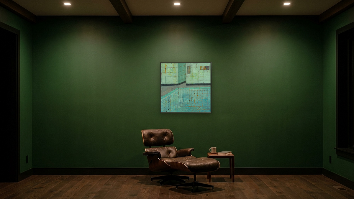 Hitting Bottom by Dobee Snowber, shown at 32 × 32 in (81.3 × 81.3 cm) on canvas in Ramino Satin Black, den