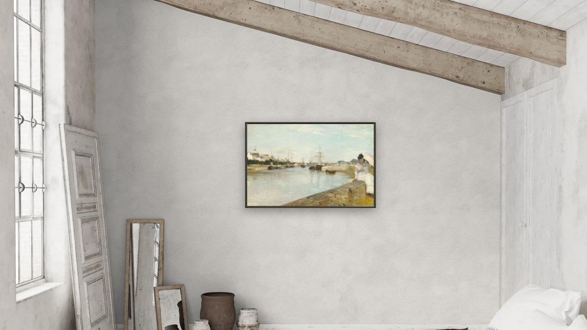 The Harbor at Lorient by Berthe Morisot, shown at 28 × 42 in (71.1 × 106.7 cm) on canvas in Ramino Satin Black, bedroom