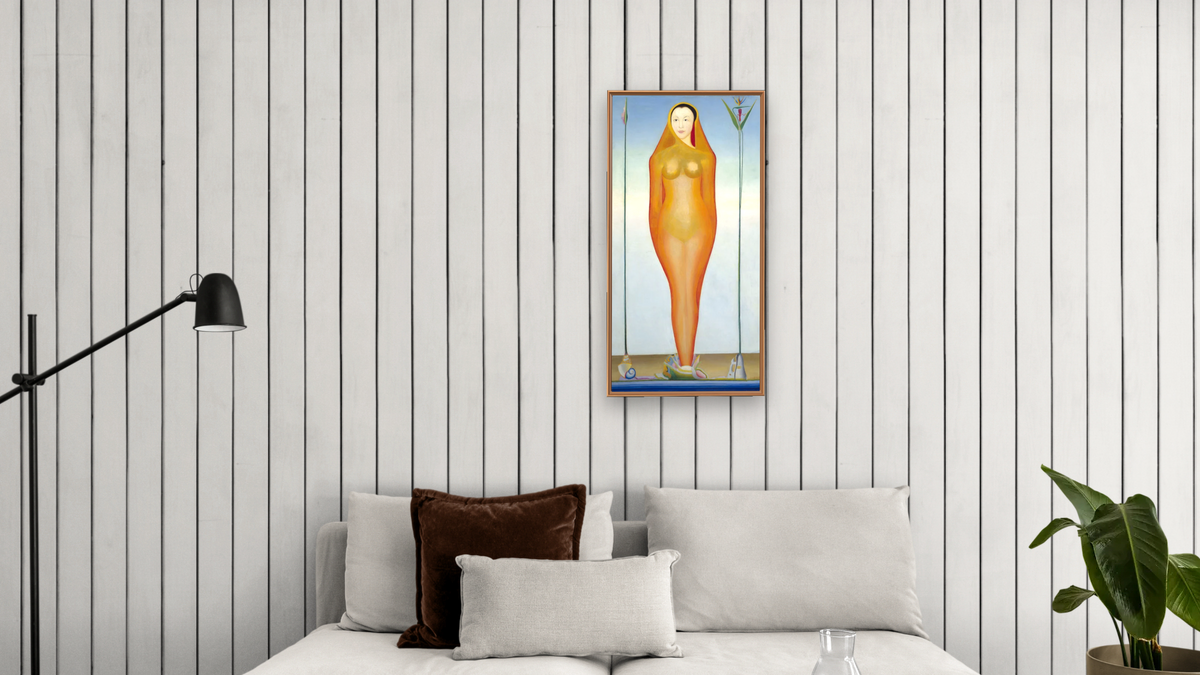 A Vision by Joseph Stella, shown at 20 × 40 in (50.8 × 101.6 cm) on canvas in Arber Raw Oak, living