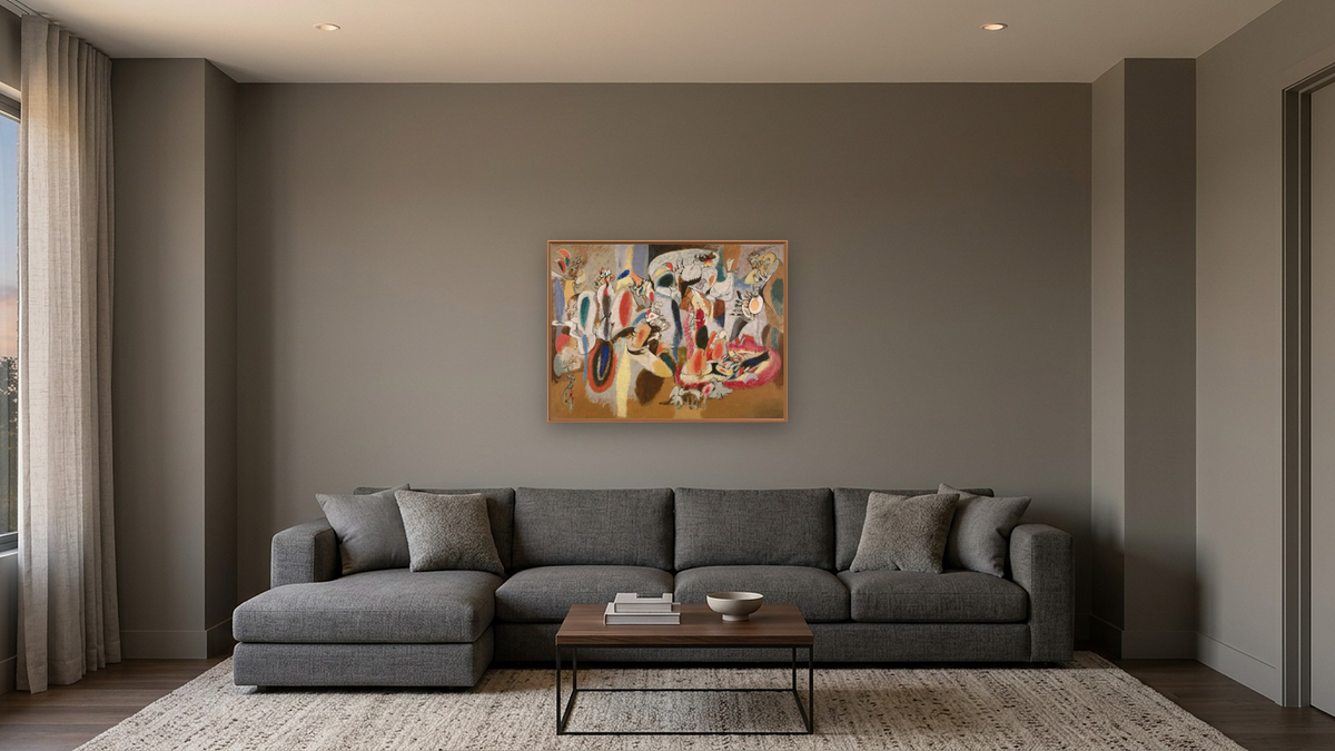 The Liver is the Cocks Comb by Arshile Gorky, shown at 30 × 40 in (76.2 × 101.6 cm) on canvas in Arber Raw Oak, media room