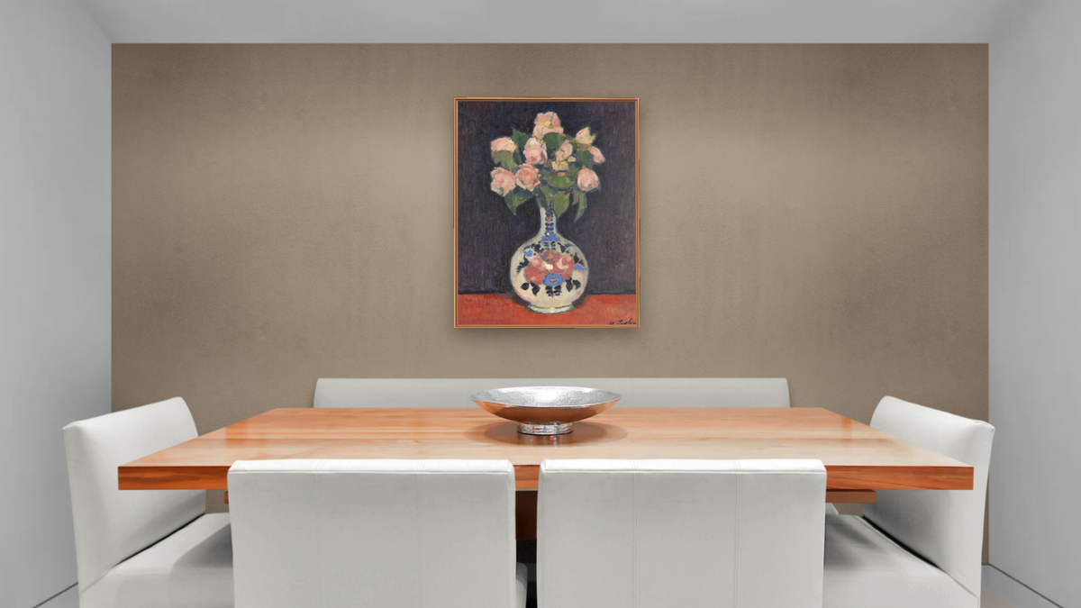 Still Life recto "Portrait of Helene Jawlensky" by Alexei Jawlensky, shown at 30 × 40 in (76.2 × 101.6 cm) on canvas in Arber Raw Oak, dining