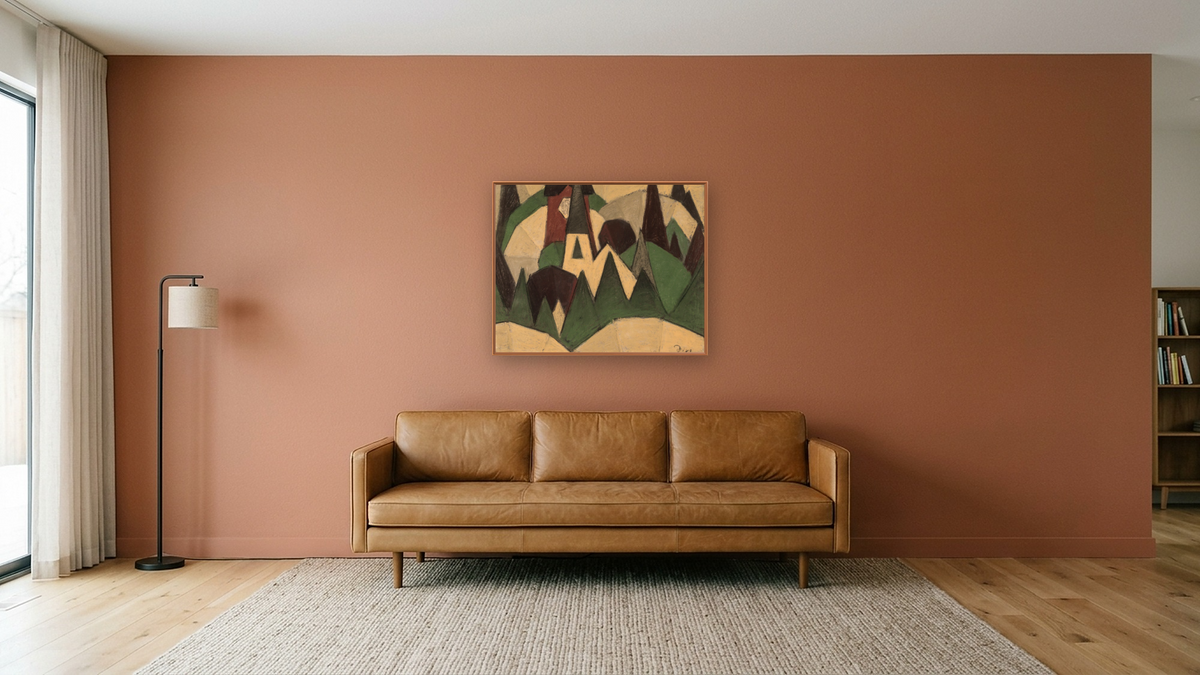 Nature Symbolized #3: Steeple and Trees by Arthur Dove, shown at 32 × 40 in (81.3 × 101.6 cm) on canvas in Arber Raw Oak, media room