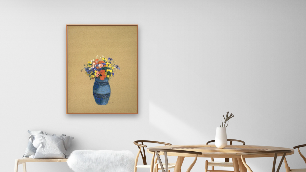 Vase of Flowers by Odilon Redon, shown at 30 × 40 in (76.2 × 101.6 cm) on canvas in Arber Raw Oak, dining