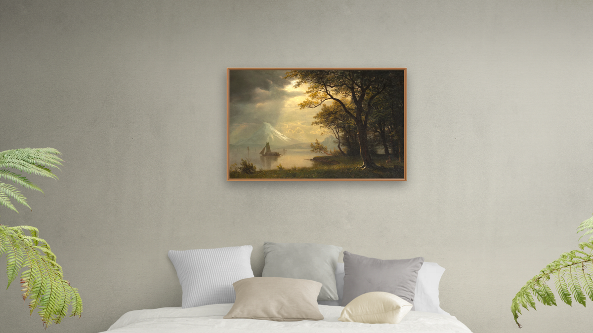 Mount Hood, Columbia River by Albert Bierstadt, shown at 28 × 42 in (71.1 × 106.7 cm) on canvas in Arber Raw Oak, bedroom