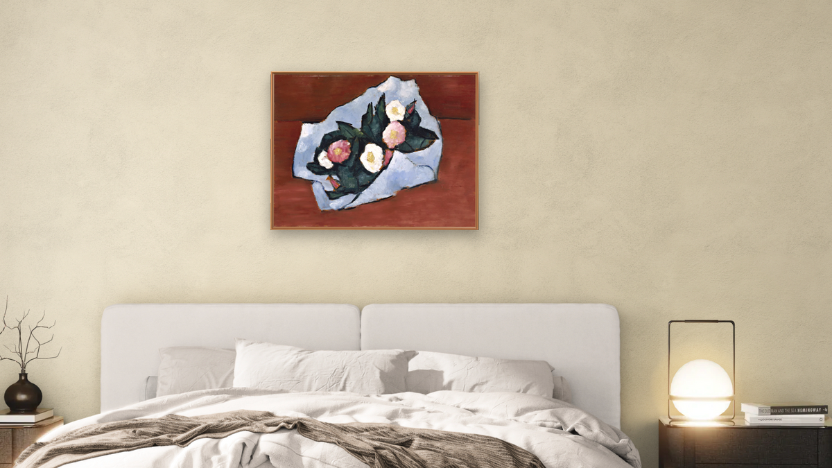 Wild Roses by Marsden Hartley, shown at 32 × 40 in (81.3 × 101.6 cm) on canvas in Arber Raw Oak, bedroom