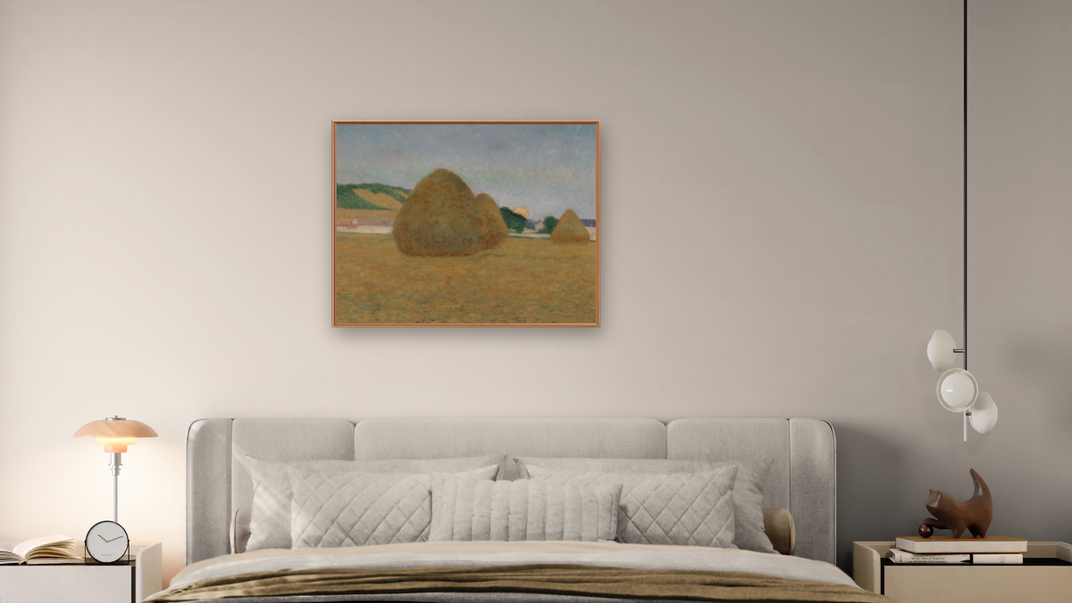 Studies of an Autumn Day by John Leslie Breck, shown at 32 × 40 in (81.3 × 101.6 cm) on canvas in Arber Raw Oak, bedroom