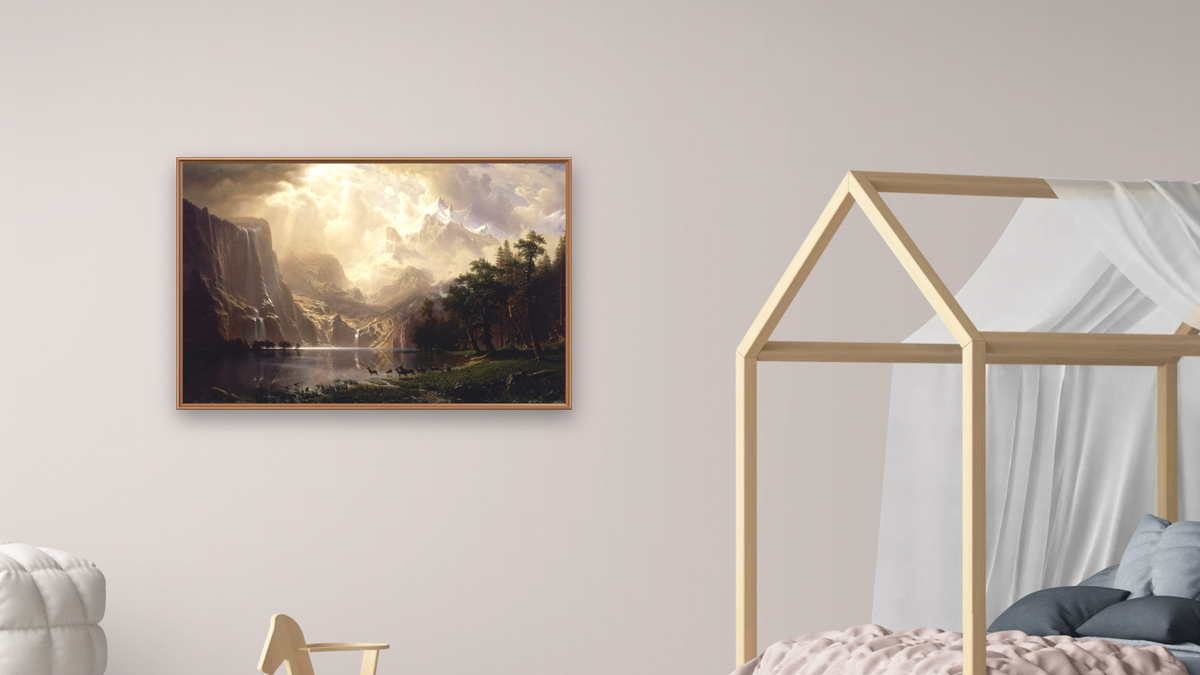 Among the Sierra Nevada, California by Albert Bierstadt, shown at 28 × 42 in (71.1 × 106.7 cm) on canvas in Arber Raw Oak, bedroom