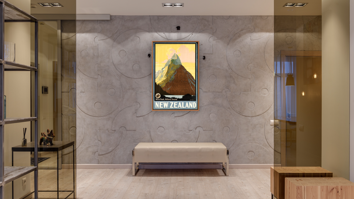 BPL Travel Posters, shown at 28 × 42 in (71.1 × 106.7 cm) on canvas in Arber Raw Oak, hallway