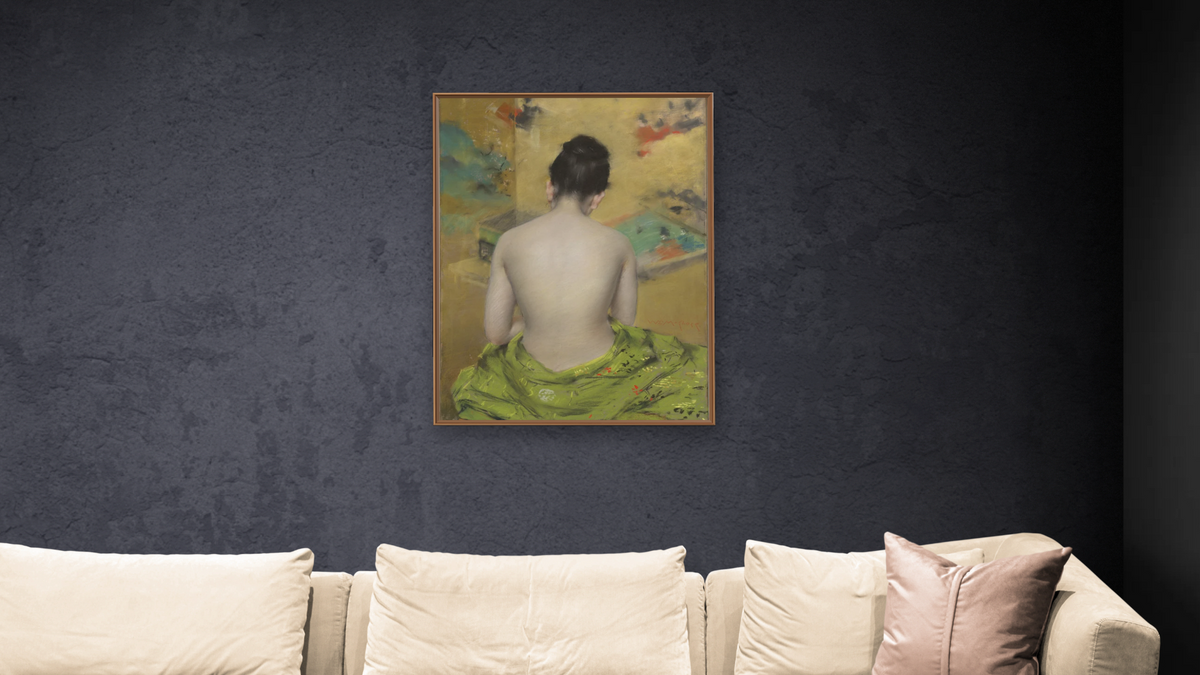 Study of Flesh Color and Gold by William Merritt Chase, shown at 30 × 40 in (76.2 × 101.6 cm) on canvas in Arber Raw Oak, living
