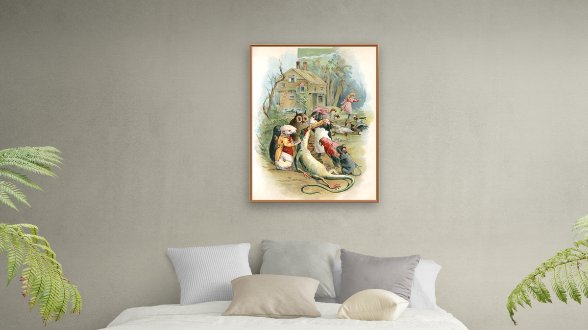 Alice in Wonderland: Mice Feeding the Lizard, shown at 30 × 40 in (76.2 × 101.6 cm) on canvas in Arber Raw Oak, bedroom