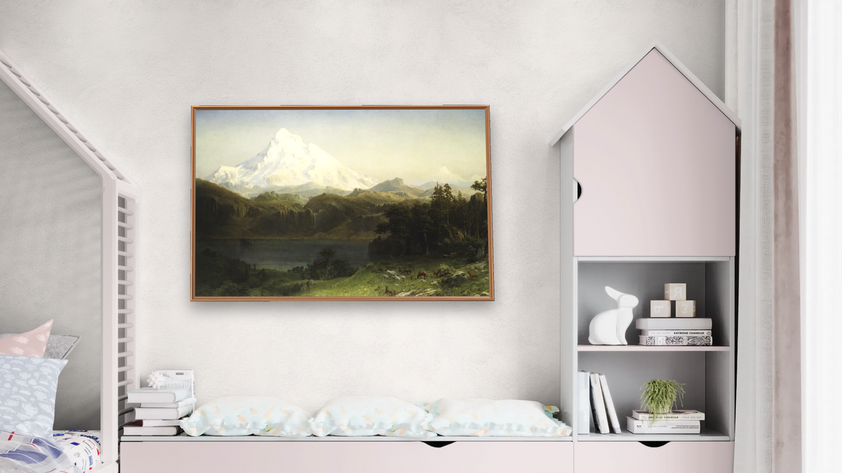 Mount Hood in Oregon by Albert Bierstadt, shown at 28 × 42 in (71.1 × 106.7 cm) on canvas in Arber Raw Oak, bedroom