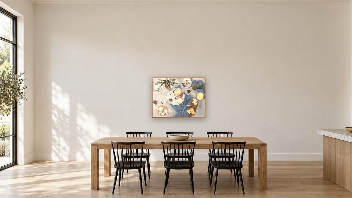 Any Day Any Time After Twelve by Catherine Gerke, shown at 30 × 40 in (76.2 × 101.6 cm) on canvas in Arber Raw Oak, kitchen