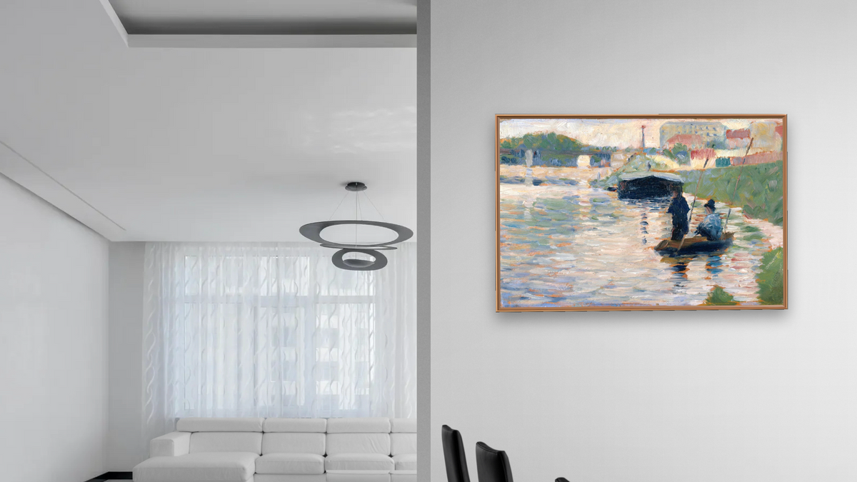 View of the Seine by Georges Seurat, shown at 28 × 42 in (71.1 × 106.7 cm) on canvas in Arber Raw Oak, dining