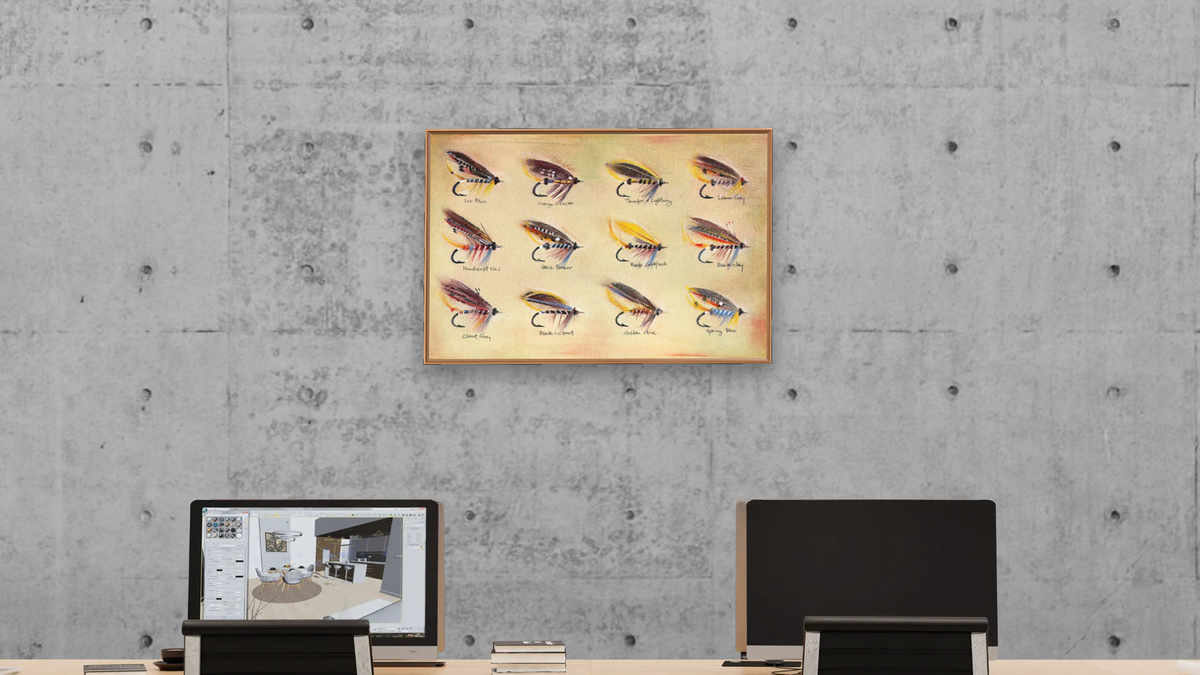Irish Salmon Flies by Kirsten Söderlind, shown at 28 × 42 in (71.1 × 106.7 cm) on canvas in Arber Raw Oak, office