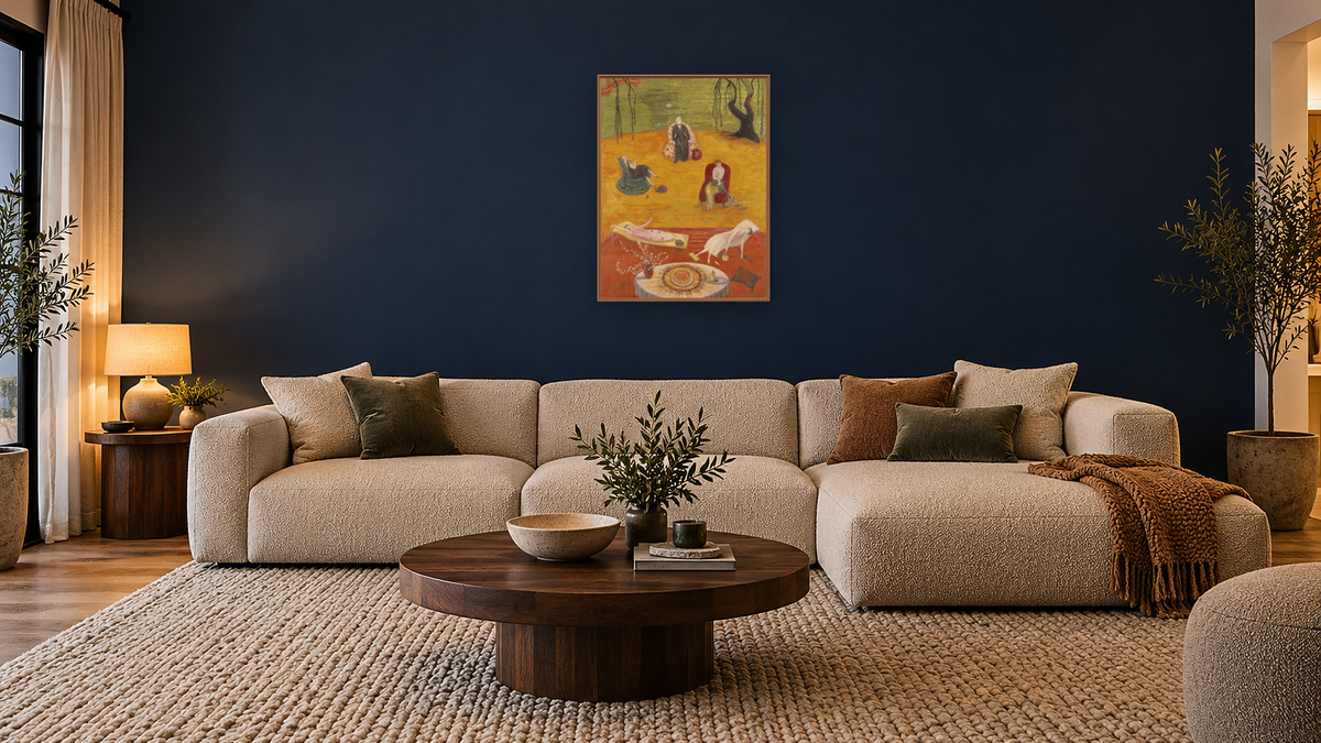 Heat by Florine Stettheimer, shown at 30 × 40 in (76.2 × 101.6 cm) on canvas in Arber Raw Oak, media room