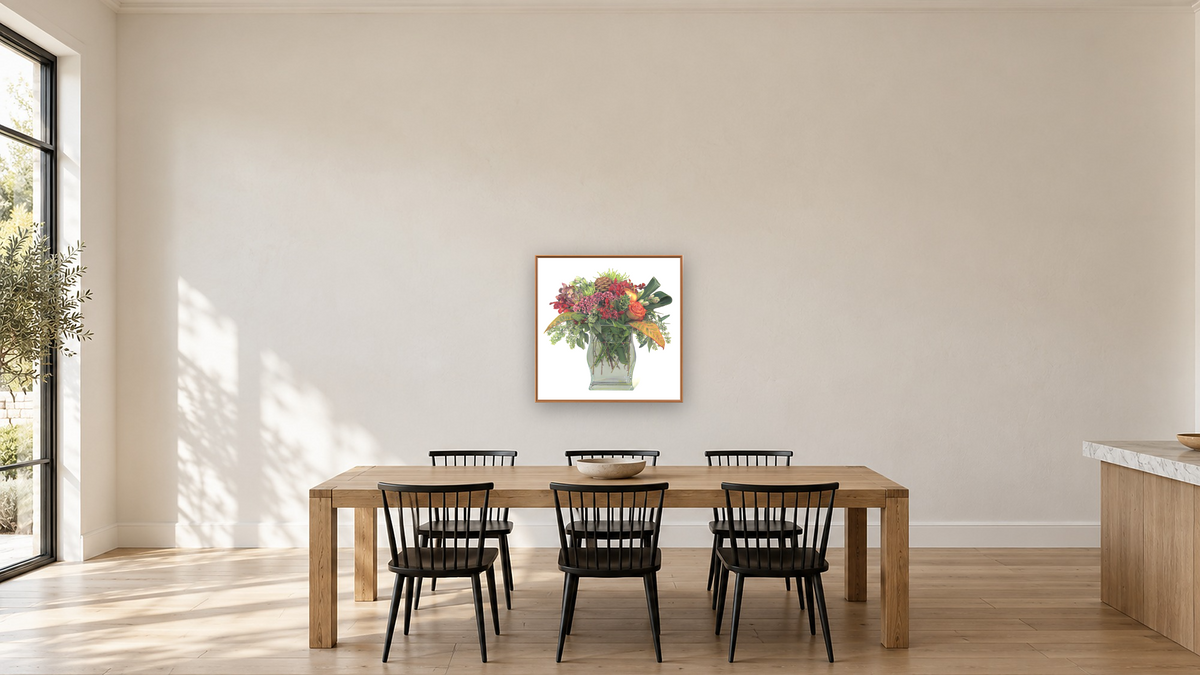Organic Bouquet by Kirsten Söderlind, shown at 32 × 32 in (81.3 × 81.3 cm) on canvas in Arber Raw Oak, kitchen