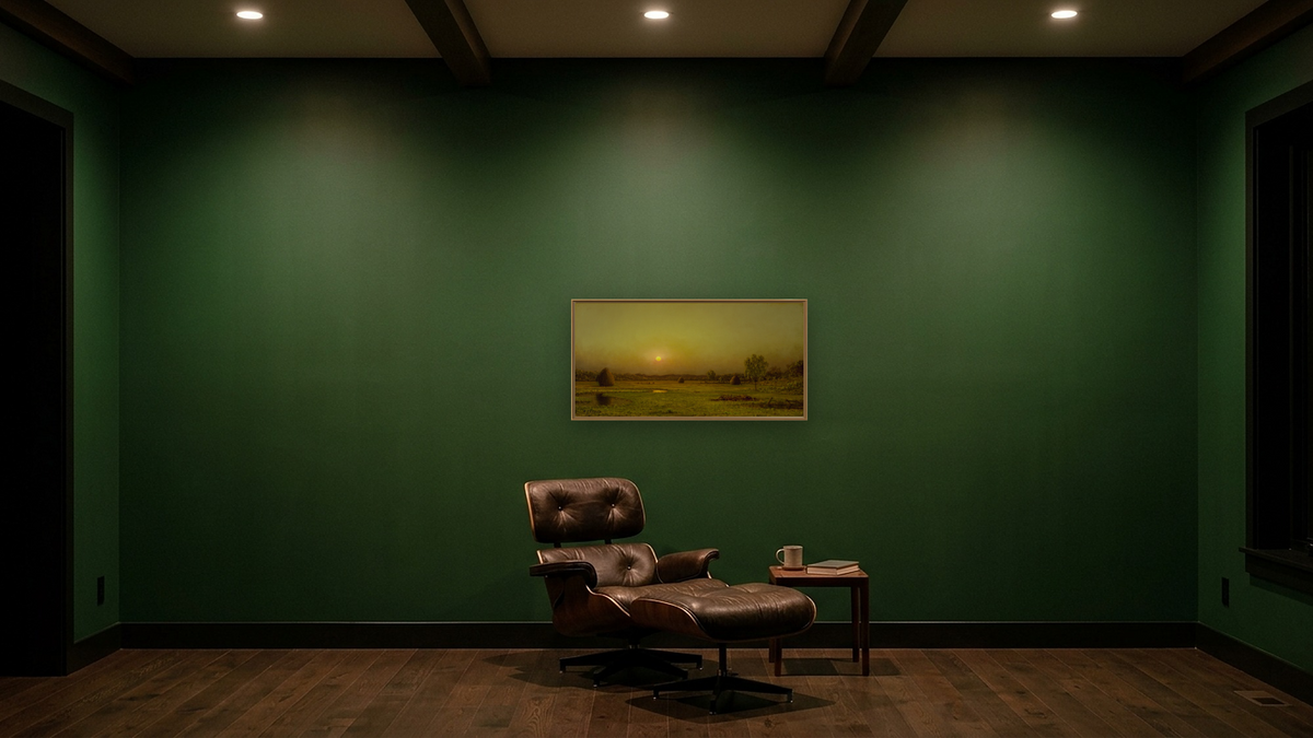 Marsh Sunset, Newburyport, Massachusetts by Martin Johnson Heade, shown at 20 × 40 in (50.8 × 101.6 cm) on canvas in Arber Raw Oak, den