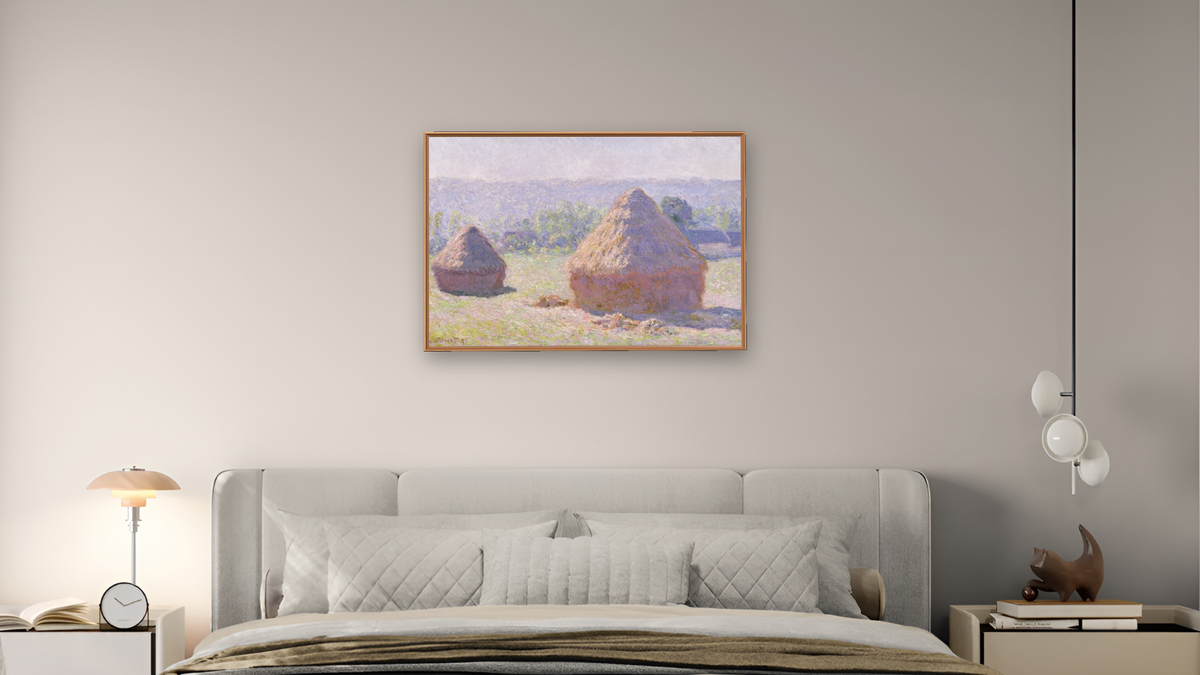 Grainstacks at the end of the Summer, Morning effect by Claude Monet, shown at 28 × 42 in (71.1 × 106.7 cm) on canvas in Arber Raw Oak, bedroom
