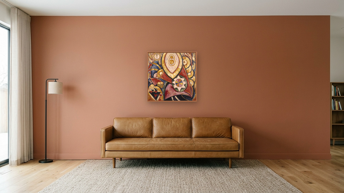 Painting No. 48 by Marsden Hartley, shown at 32 × 32 in (81.3 × 81.3 cm) on canvas in Arber Raw Oak, media room