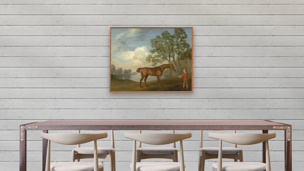 Pumpkin with a Stable-lad by George Stubbs, shown at 32 × 40 in (81.3 × 101.6 cm) on canvas in Arber Raw Oak, dining