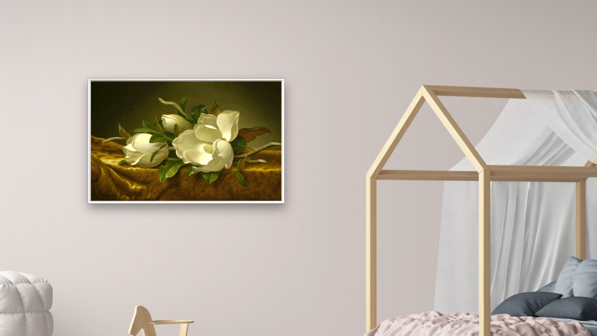 Magnolias on Gold Velvet Cloth by Martin Johnson Heade, shown at 28 × 42 in (71.1 × 106.7 cm) on canvas in Arber Raw Oak, bedroom