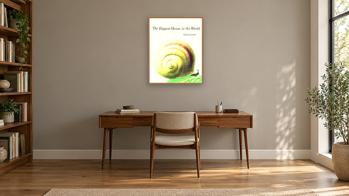 The Biggest House In The World XVIII (Printed Book Cover) by Leo Lionni, shown at 32 × 40 in (81.3 × 101.6 cm) on canvas in Arber Raw Oak, library